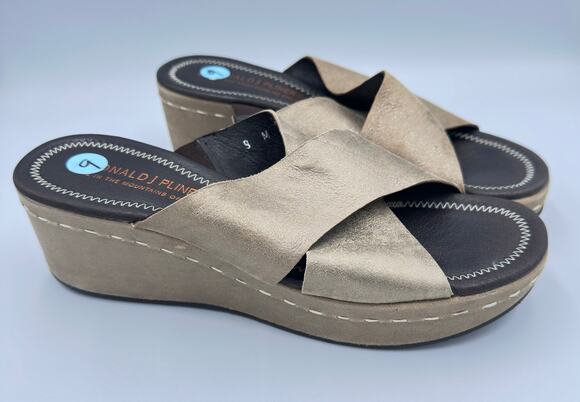 Donald J Pliner Shoes - Donald Pliner Metallic Leather Cross Strap Open Toe Slide Wedge Shoes Size 9